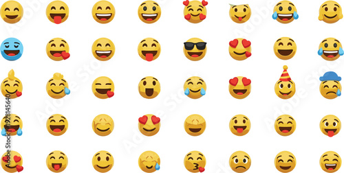 Cute emoji faces vector collection with funny emoticons and expressive smiley icons for chat, social media, and messaging design