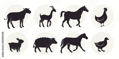 A diverse collection of farm animals including sheep, cows, chickens, and pigs Vector