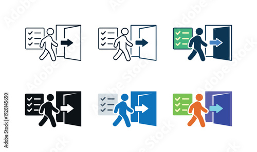 Workplace welcome concept depicting a person entering an office space with guidance symbols like a checklist and doorway, forming