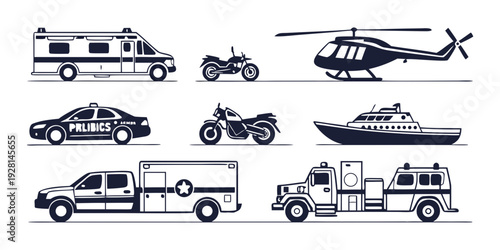 A collection of various emergency and rescue vehicles in black and white illustration Vector