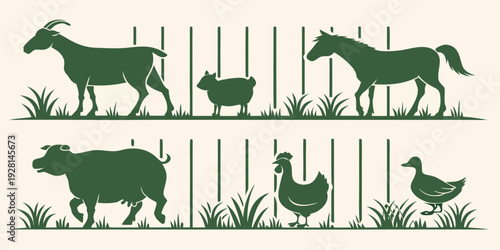 A diverse group of animals standing in a row next to a fence. Vector