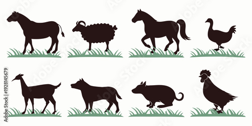 A diverse group of animals including birds and mammals standing on grass. Vector