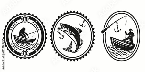 Three vintage badges featuring a ship, a fish, and a boat. Vector
