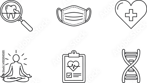 Medical and Wellness Line Icon Set with Dental Check, Protective Mask, Heart Care, Meditation, Health Report and DNA Symbols