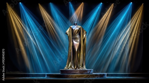 A gold gown on a stand is lit up with blue and yellow spotlights