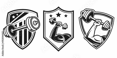 Three distinct shields with unique symbols representing different professions or interests Vector