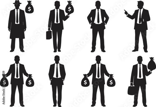 WBlack silhouette icons of businessmen in various poses holding money bags, briefcases, and gesturing, symbolizing finance, wealth, corporate success, and professional business concepts.