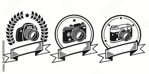 Three vintage trophies with ribbons and intricate designs on display Vector