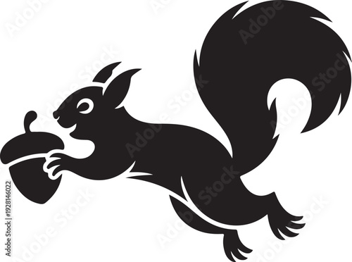 Black silhouette of a happy squirrel holding an acorn in its paws, jumping with a bushy tail