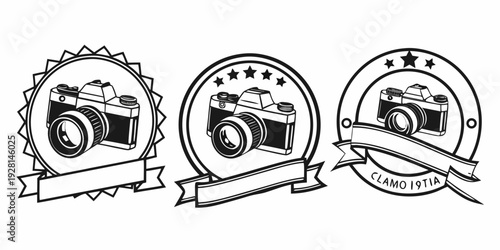 Three vintage cameras with ribbons and badges showcasing different styles and designs. Vector