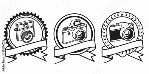 Three vintage badges showcasing different designs and inscriptions. Vector