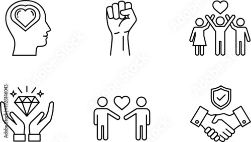 Mental Health and Social Support Line Icon Set with Empowerment Fist, Partnership Handshake, Community Love and Value Care Symbols