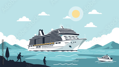 Majestic white cruise ship sailing on a calm blue ocean with people on the shore and mountains in the distance.