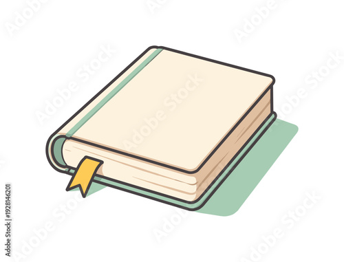 Simple illustration of a closed book with a yellow bookmark peeking out from the pages