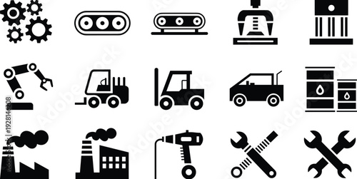 Black and white of industrial machinery, tools, and equipment including gears, conveyor belts, robotic arm, forklifts, and oil barrels