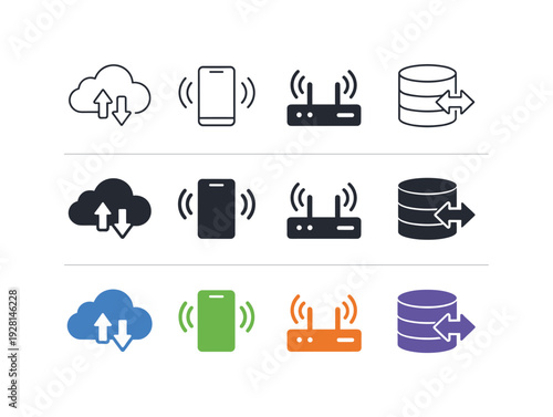 Icon object one, icon object two, icon object three, and icon object four representing IoT data exchange. Depict a strict 3:2