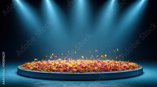 A spotlight illuminates a podium covered in colorful autumn leaves, falling gently