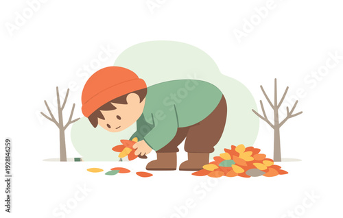 Child Gathers Leaves. Fresh child gathers fallen leaves into a neat pile, bending to pick bright shapes as trees stand bare nearby