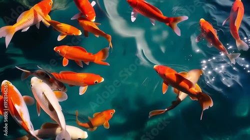 Colorful koi fish swim in clear water at a pond during sunny weather in a garden setting
