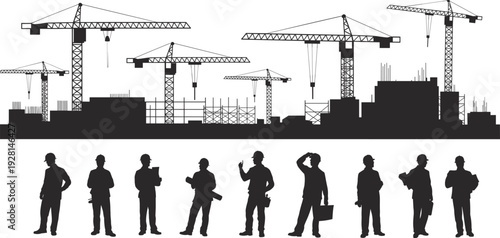 Silhouettes of construction workers and cranes at a building site with various poses and tools