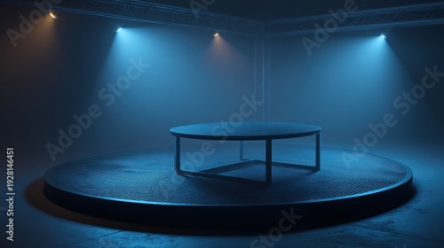 A round table sits on a raised platform lit by blue spotlights in a dark, hazy studio