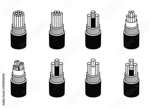 A vector of eight different types of electrical cables with various configurations and insulation layers shown