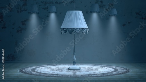A tall lamp surrounded by four spotlight lamps in a vintage blue room with detailed rug