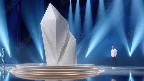 A man stands beside a giant, white, geometric sculpture, illuminated by dramatic blue lights