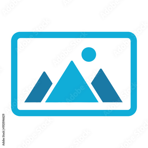Minimalist blue icon of mountains with sun symbol framed in a vibrant teal border