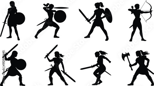 Silhouettes of female warriors holding various and shields in dynamic poses black