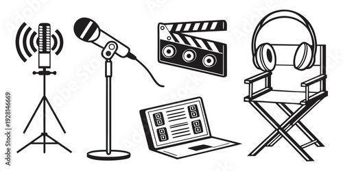 A person recording a podcast with a microphone, headphones, and a camera. Vector