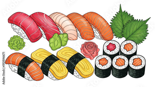 High-quality black outline colorful illustration of sushi platter top view with vibrant fish slices and garnish, minimal clean layout