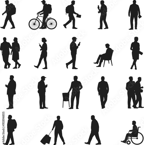 Silhouettes of people engaged in various activities and postures in black and white walking