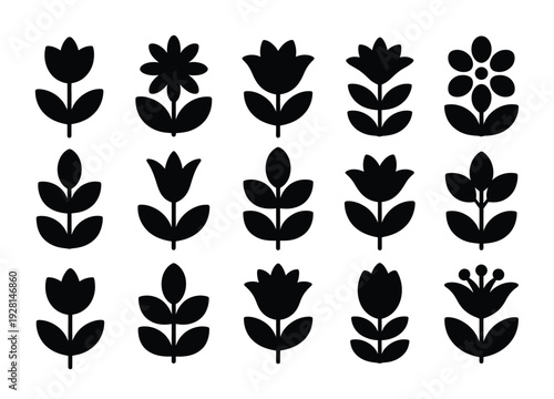 A vector of 14 different black flower silhouettes arranged in four rows with petals and leaves
