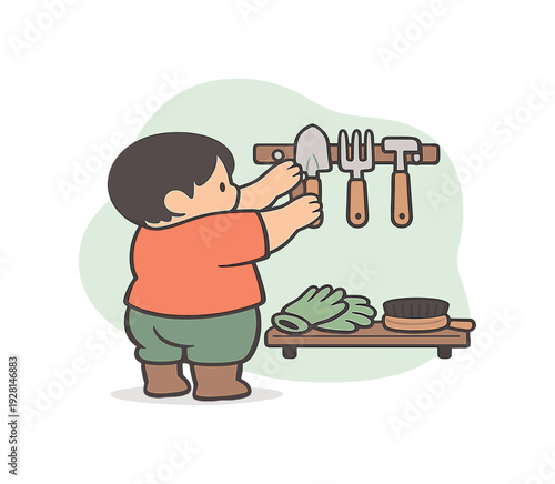 Small person places garden tools on a rack, aligning handles neatly while soil brushes and gloves rest below nearby shelf now