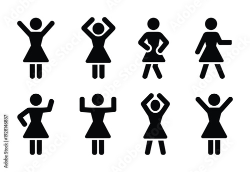 A vector of eight black female figures in various poses for use in digital and print media