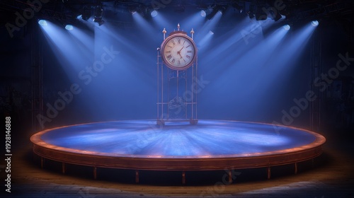 Illuminated antique clock on a stage, blue and brown tones, theatrical performance setting