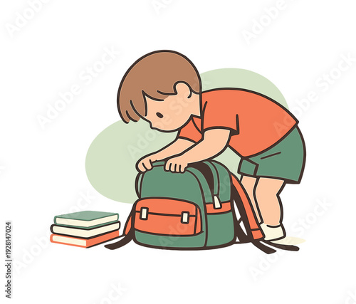 Morning child packs a school bag, leaning forward as notebooks stack neatly and straps fall to the sides | child school bag, flat