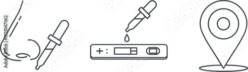 Medical Testing and Location Line Icon Set with Nasal Swab, Rapid Test Kit, Dropper and Map Pin Symbols