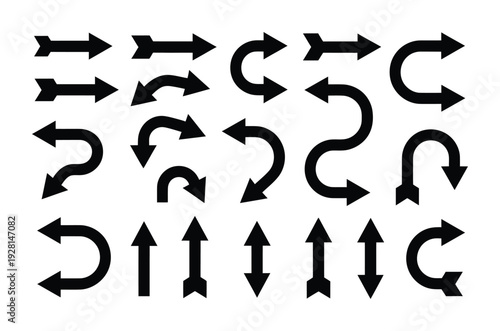 A vector of various black arrows pointing in different directions for navigation and design purposes