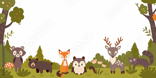 A whimsical forest scene featuring adorable woodland creatures and trees