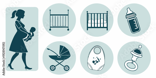 A woman preparing for her baby's arrival with various nursery items Vector