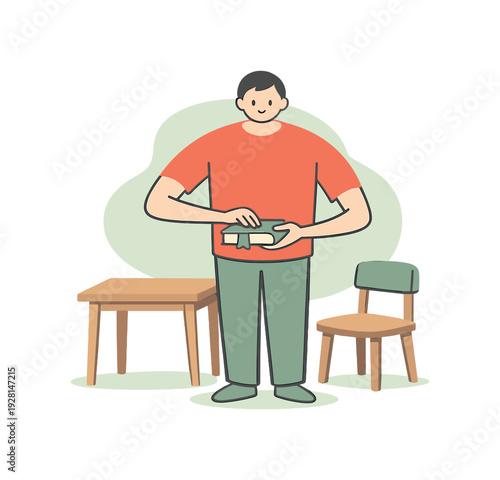 Bright person finishes placing a bookmark and gently closes the book while standing near a chair and desk. | placing bookmark