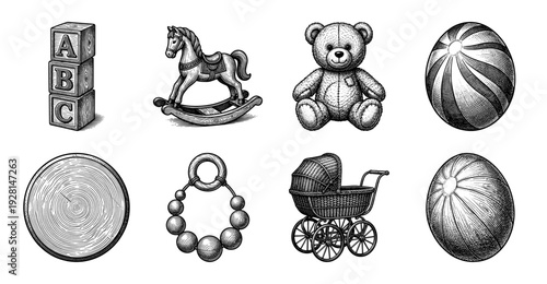 Vintage style engraving collection of nursery objects and wooden toys featuring alphabet blocks rocking horse teddy bear and baby carriage