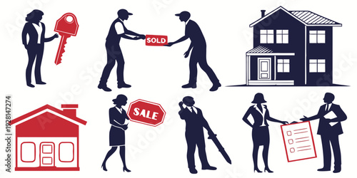 Various people engaged in the process of buying and selling houses and apartments Vector