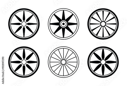 A vector of six different wheel designs with various numbers of spokes