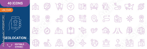 Geolocation Icons Set. geo location, GPS, location pin, map, navigation, tracking, coordinates, compass, route and etc. Editable stroke. Vector illustration