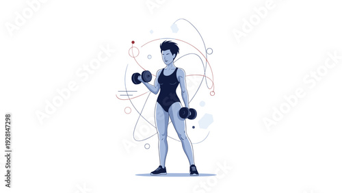 Determined athletic woman in a black bodysuit performing arm curls with dumbbells against a creative abstract background.