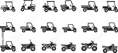 Black silhouette icons of golf carts, utility terrain vehicles, and all‑terrain vehicles arranged in grid, representing recreational transport, off‑road design, 