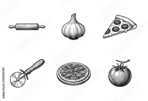 Vintage style hand drawn pizza and ingredient collection featuring rolling pin garlic tomato and pizza cutter in woodcut line art